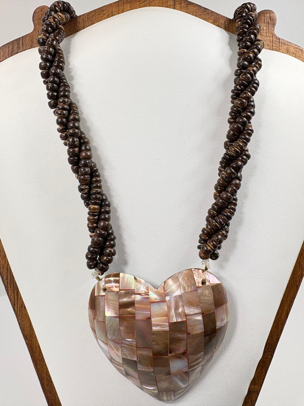 Vtg Mosaic Mother of Pearl Heart Pendant Wood Bead Statement Necklace Boho
